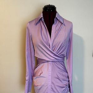 LAVENDER DRAPED FRONT TIE SHIRT MAXI SATIN DRESS